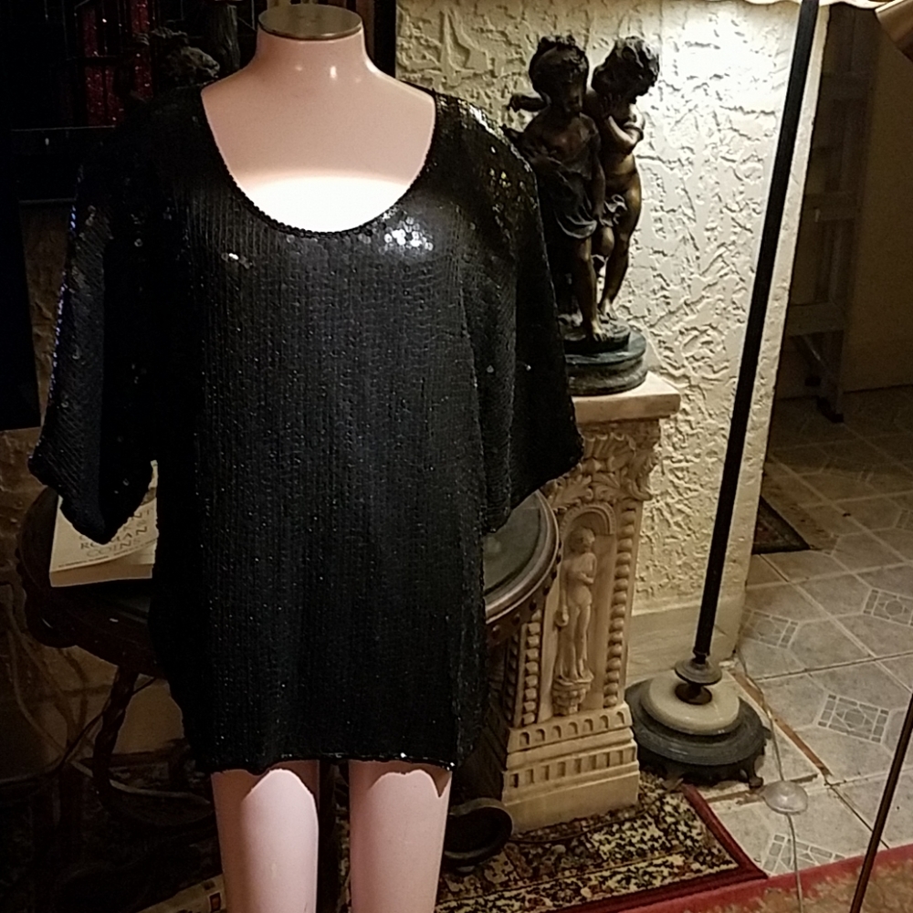 Showstopping black silk and sequins top